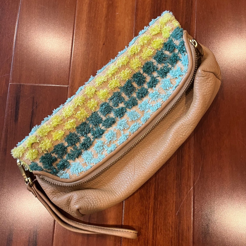 Fossil Leather Clutch Purse Pebbled Foldover Wristlet Blue Green Raffia Pom Bag